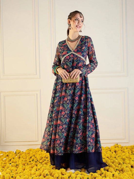 Women Navy Floral Long Anarkali Kurta-SHKUR00425