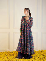 Women Navy Floral Long Anarkali Kurta-SHKUR00425