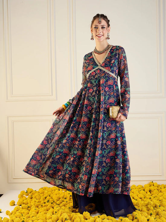 Women Navy Floral Long Anarkali Kurta-SHKUR00425