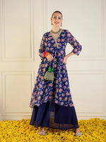 Women Blue Floral High Low Anarkali Kurta-SHKUR00427