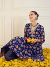 Women Blue Floral High Low Anarkali Kurta-SHKUR00427