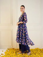 Women Blue Floral High Low Anarkali Kurta-SHKUR00427