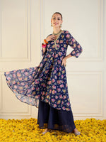 Women Blue Floral High Low Anarkali Kurta-SHKUR00427