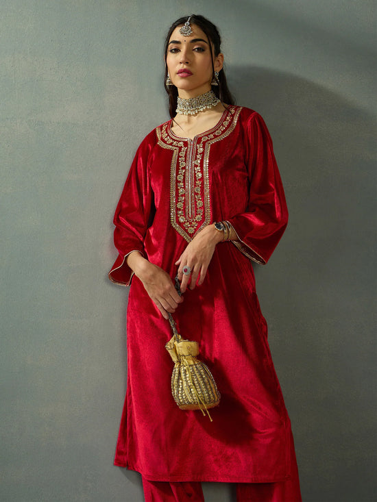 Women Red Velvet Embroidered Kurta-SHKUR00437