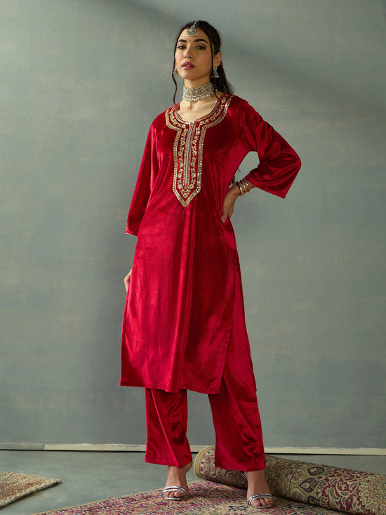 Women Red Velvet Embroidered Kurta-SHKUR00437