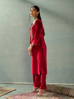 Women Red Velvet Embroidered Kurta-SHKUR00437