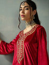 Women Red Velvet Embroidered Kurta-SHKUR00437