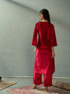 Women Red Velvet Embroidered Kurta-SHKUR00437