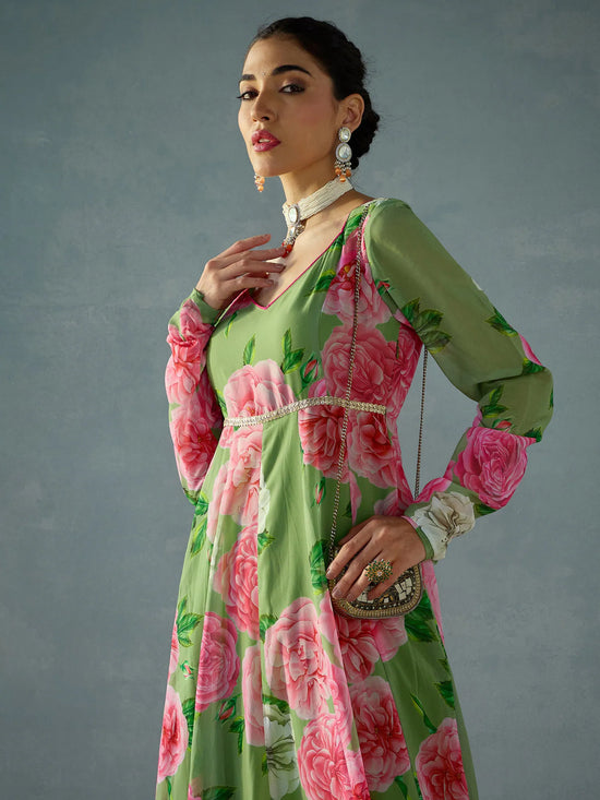 Women Green Floral Sweetheart Neck Anarkali Kurta-SHKUR00444