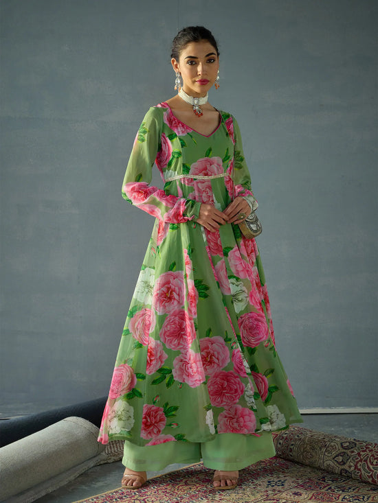 Women Green Floral Sweetheart Neck Anarkali Kurta-SHKUR00444