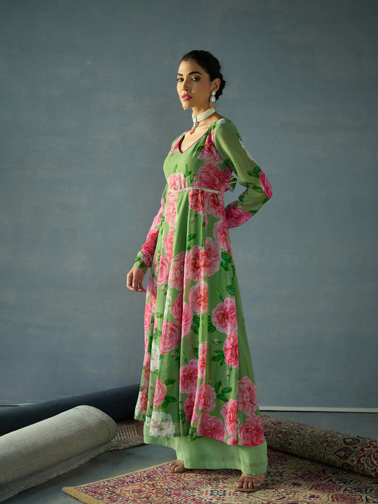 Women Green Floral Sweetheart Neck Anarkali Kurta-SHKUR00444