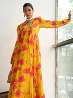 Women Yellow Floral V-Neck Anarkali Kurta-SHKUR00445