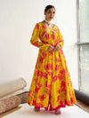 Women Yellow Floral V-Neck Anarkali Kurta-SHKUR00445