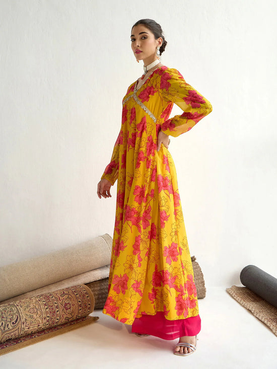 Women Yellow Floral V-Neck Anarkali Kurta-SHKUR00445