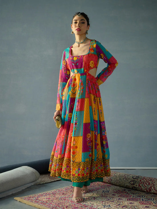 Women Red & Yellow Multi Color Side Cut Out Anakali Kurta-SHKUR00450