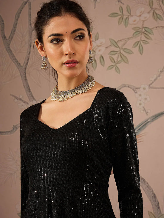 Women Black Sequins Sweetheart Neck Anarkali Kurta-SHKUR00454