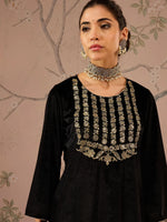 Women Black Velvet Front Embroidered Kurta-SHKUR00456