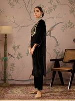 Women Black Velvet Front Embroidered Kurta-SHKUR00456