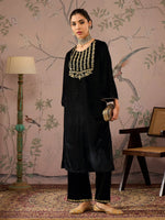 Women Black Velvet Embroidered Kurta With Straight Pants-SHKUR00456_SHPAN50977