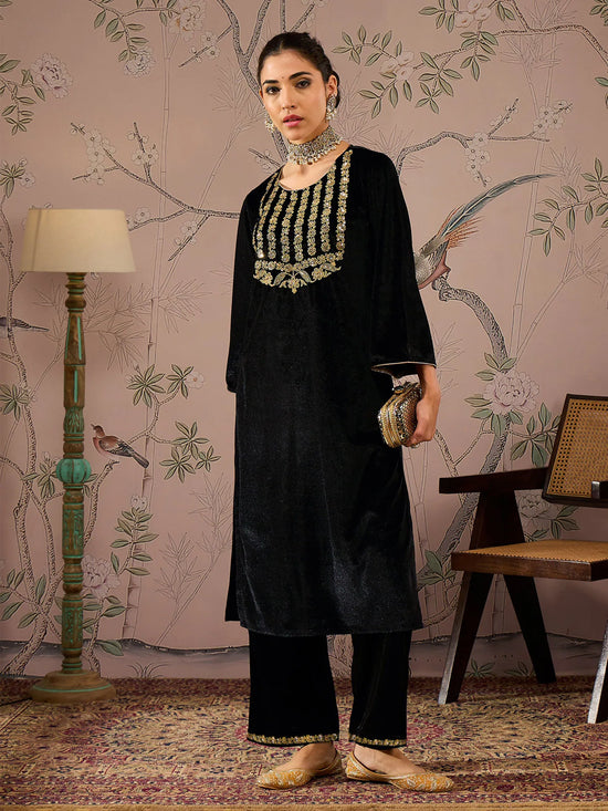 Women Black Velvet Embroidered Kurta With Straight Pants-SHKUR00456_SHPAN50977