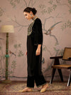 Women Black Velvet Embroidered Kurta With Straight Pants-SHKUR00456_SHPAN50977