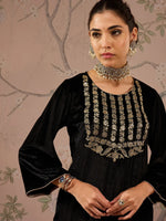 Women Black Velvet Embroidered Kurta With Straight Pants-SHKUR00456_SHPAN50977