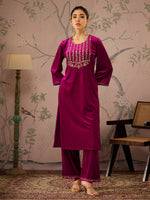 Women Fuchsia Velvet Front Embroidered Kurta-SHKUR00457