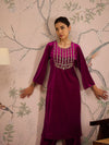 Women Fuchsia Velvet Front Embroidered Kurta-SHKUR00457