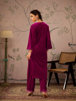 Women Fuchsia Velvet Front Embroidered Kurta-SHKUR00457