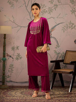 Women Fuchsia Velvet Embroidered Kurta With Straight Pants-SHKUR00457_SHPAN50978