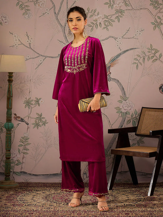 Women Fuchsia Velvet Embroidered Kurta With Straight Pants-SHKUR00457_SHPAN50978