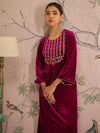 Women Fuchsia Velvet Embroidered Kurta With Straight Pants-SHKUR00457_SHPAN50978