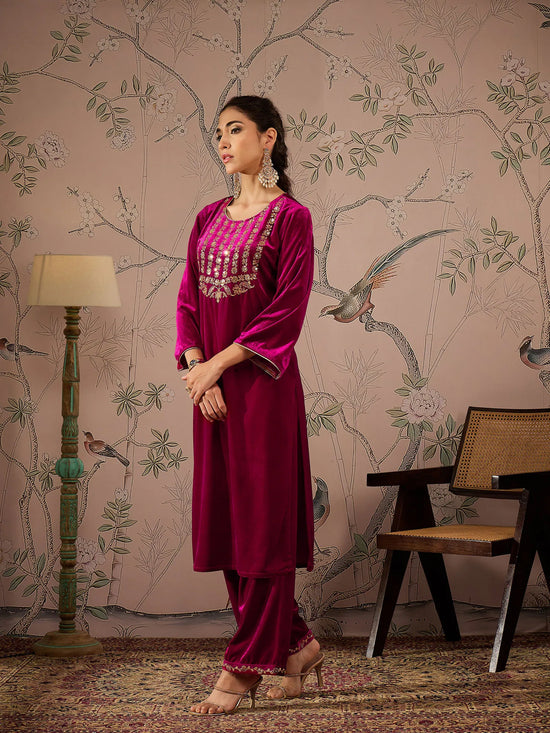 Women Fuchsia Velvet Embroidered Kurta With Straight Pants-SHKUR00457_SHPAN50978