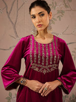 Women Fuchsia Velvet Embroidered Kurta With Straight Pants-SHKUR00457_SHPAN50978