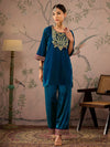 Women Teal Velvet Front Embroidered Short Kurta-SHKUR00458