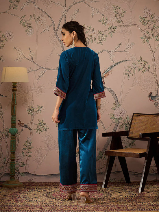 Women Teal Velvet Front Embroidered Short Kurta-SHKUR00458