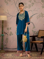 Women Teal Velvet Embroidered Short Kurta With Straight Pants-SHKUR00458_SHPAN50979