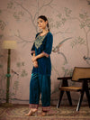 Women Teal Velvet Embroidered Short Kurta With Straight Pants-SHKUR00458_SHPAN50979