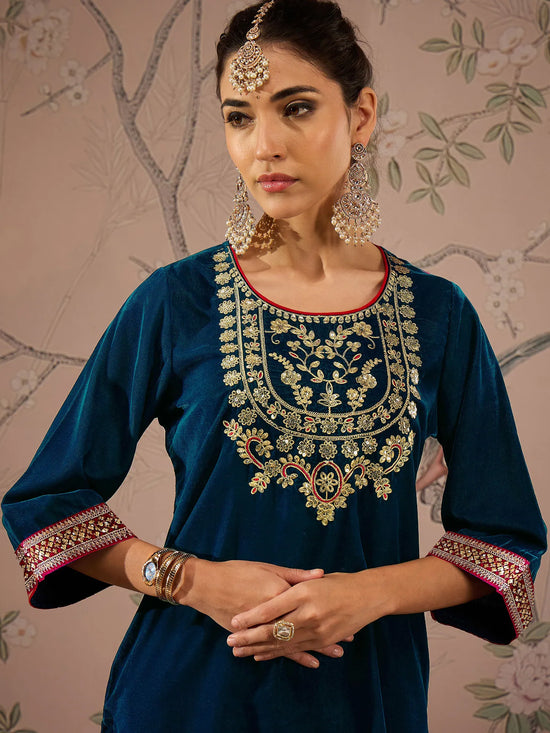 Women Teal Velvet Embroidered Short Kurta With Straight Pants-SHKUR00458_SHPAN50979