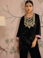 Women Black Velvet Embroidered Short Kurta-SHKUR00459