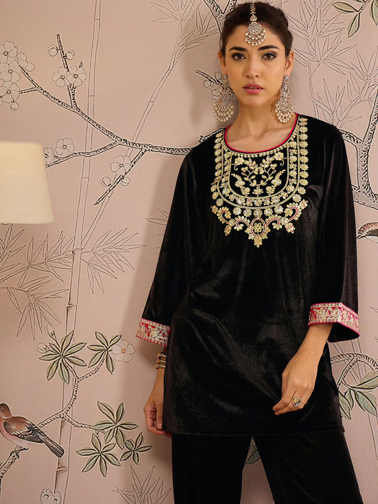 Women Black Velvet Embroidered Short Kurta-SHKUR00459