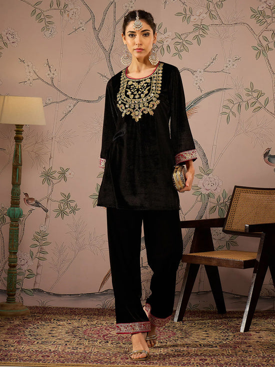 Women Black Velvet Embroidered Short Kurta-SHKUR00459