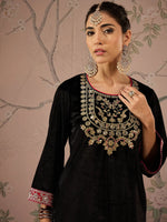 Women Black Velvet Embroidered Short Kurta-SHKUR00459