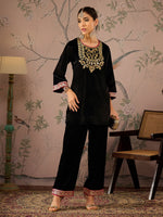 Women Black Velvet Embroidered Short Kurta With Straight Pants-SHKUR00459_SHPAN50980