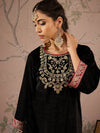 Women Black Velvet Embroidered Short Kurta With Straight Pants-SHKUR00459_SHPAN50980