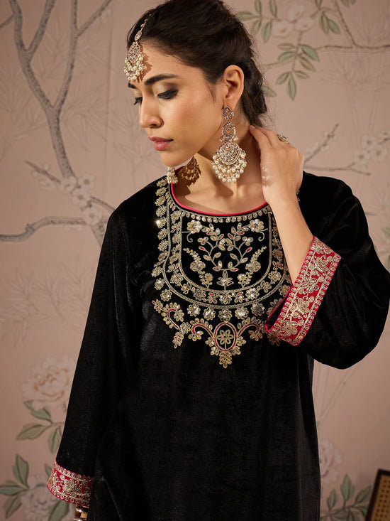 Women Black Velvet Embroidered Short Kurta With Straight Pants-SHKUR00459_SHPAN50980