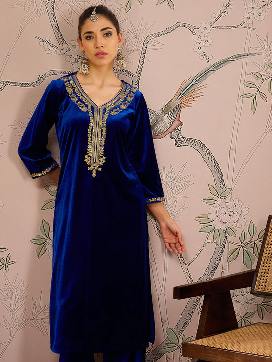 Women Royal Blue Velvet Front Embroidered Straight Kurta-SHKUR00460