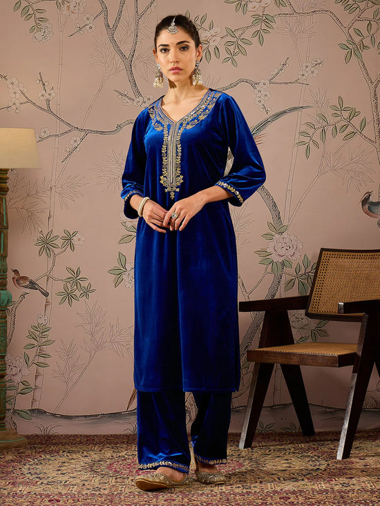 Women Royal Blue Velvet Front Embroidered Straight Kurta-SHKUR00460