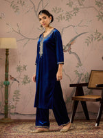 Women Royal Blue Velvet Front Embroidered Straight Kurta-SHKUR00460