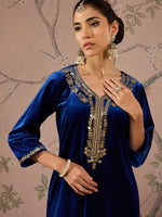 Women Royal Blue Velvet Front Embroidered Straight Kurta-SHKUR00460